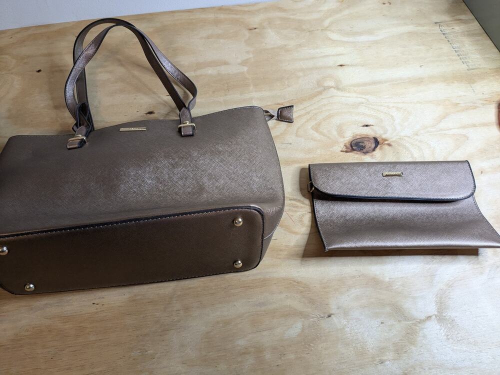 Elim & Paul Bronze Metallic Shoulder Bag Matching Wristlet w/bag charm Large Bag
